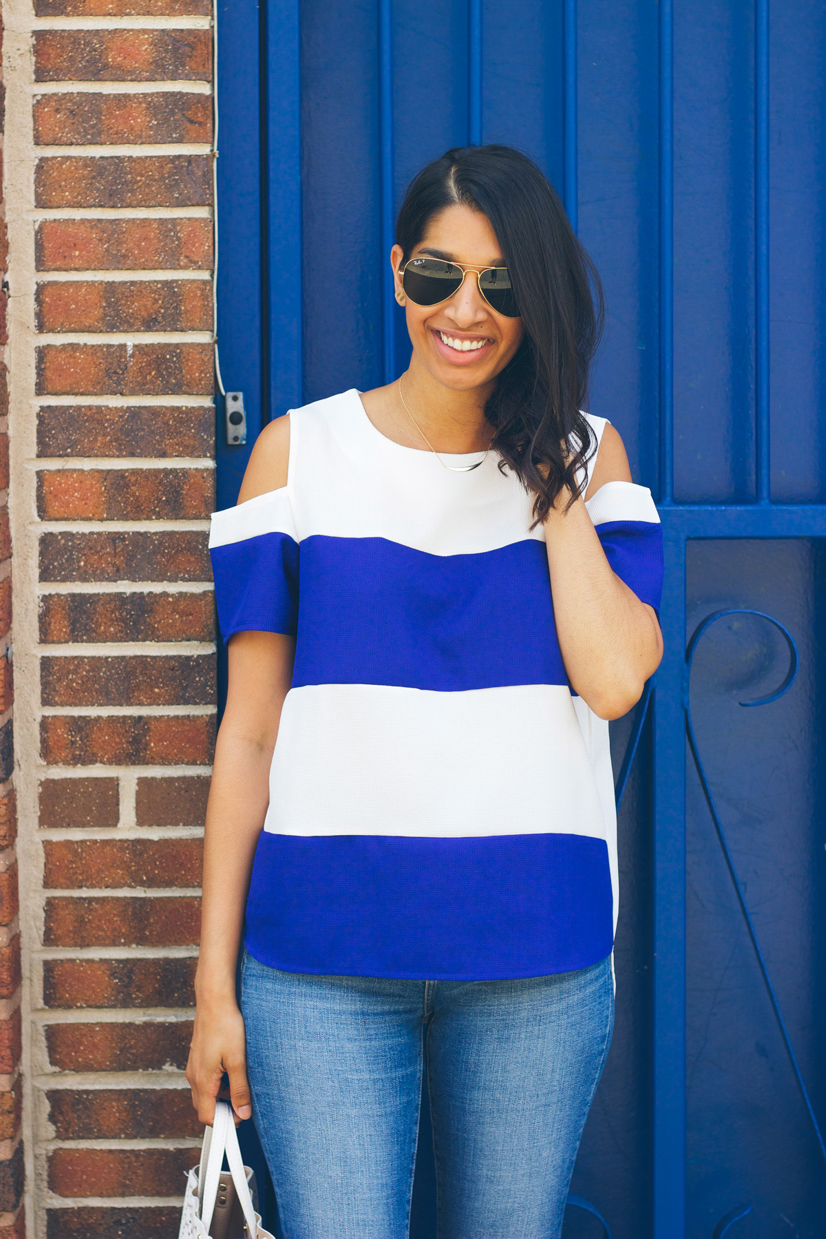 blue and white stripe top
