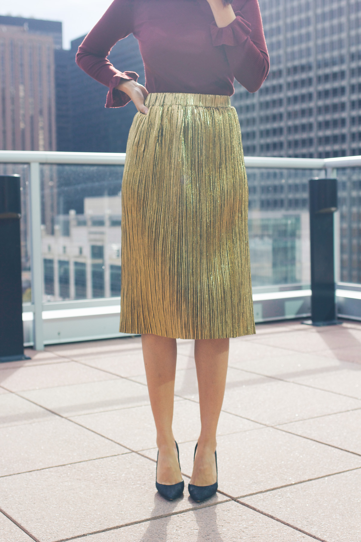 gold pleated midi skirt 