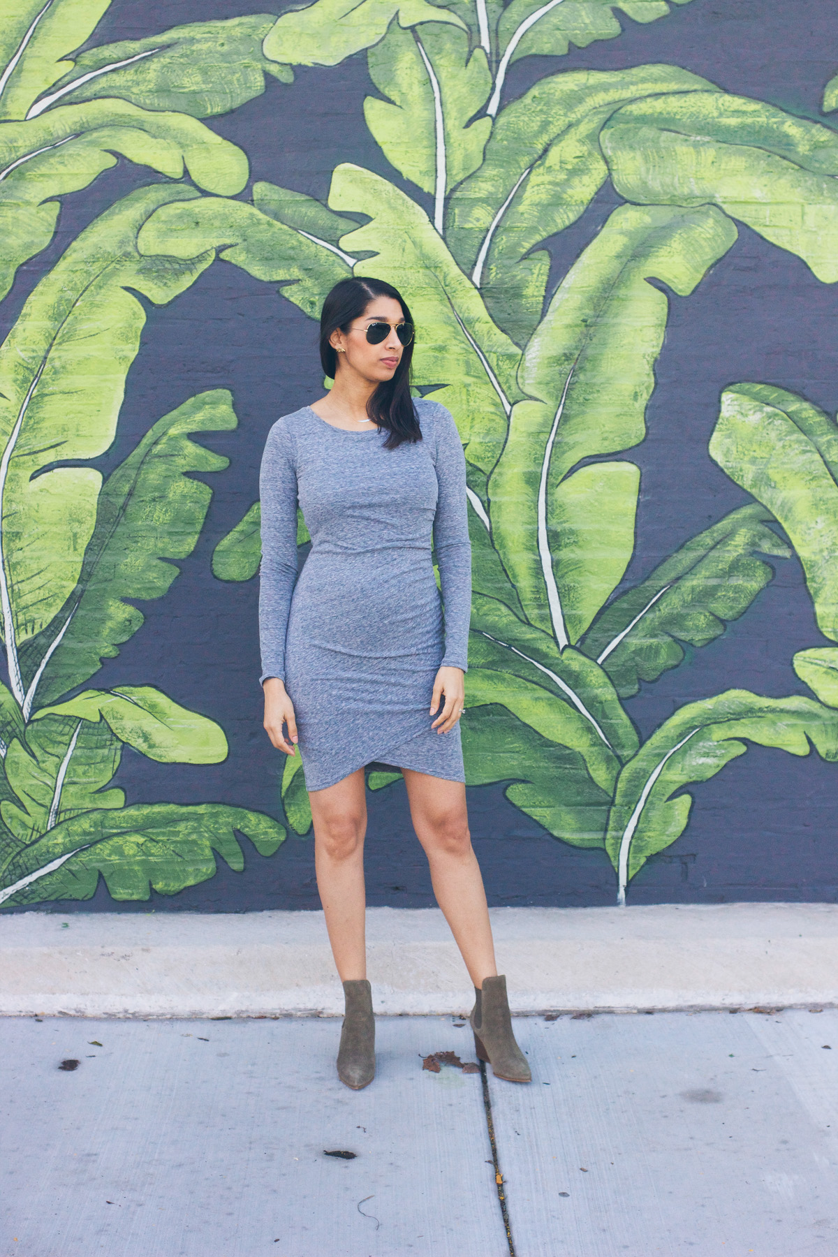 ruched grey long sleeve dress